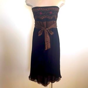 Hale Bob black strapless dress with brown belt attached crochet detailed bustier